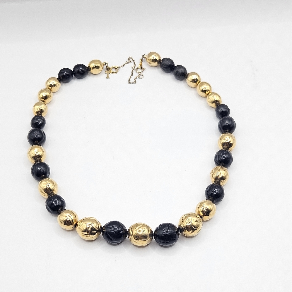 Vintage TRIFARI Choker Necklace Black Gold Beads Old Rare Retro Designer 50s 60s